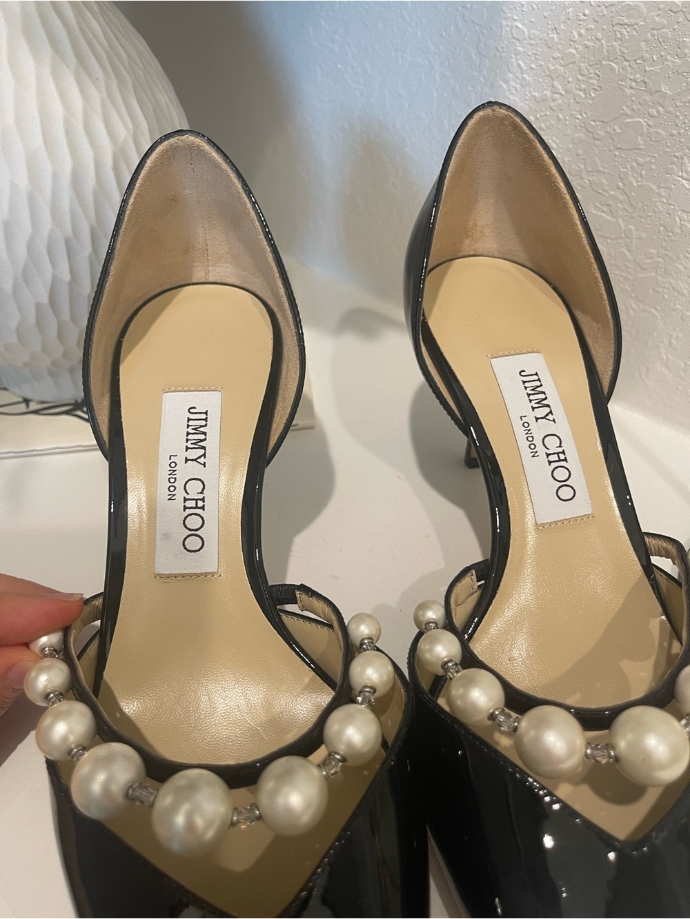 Jimmy Choo Black Patent Leather Pearl-Strap Pointed Slingback Heels - Picture 5 of 11